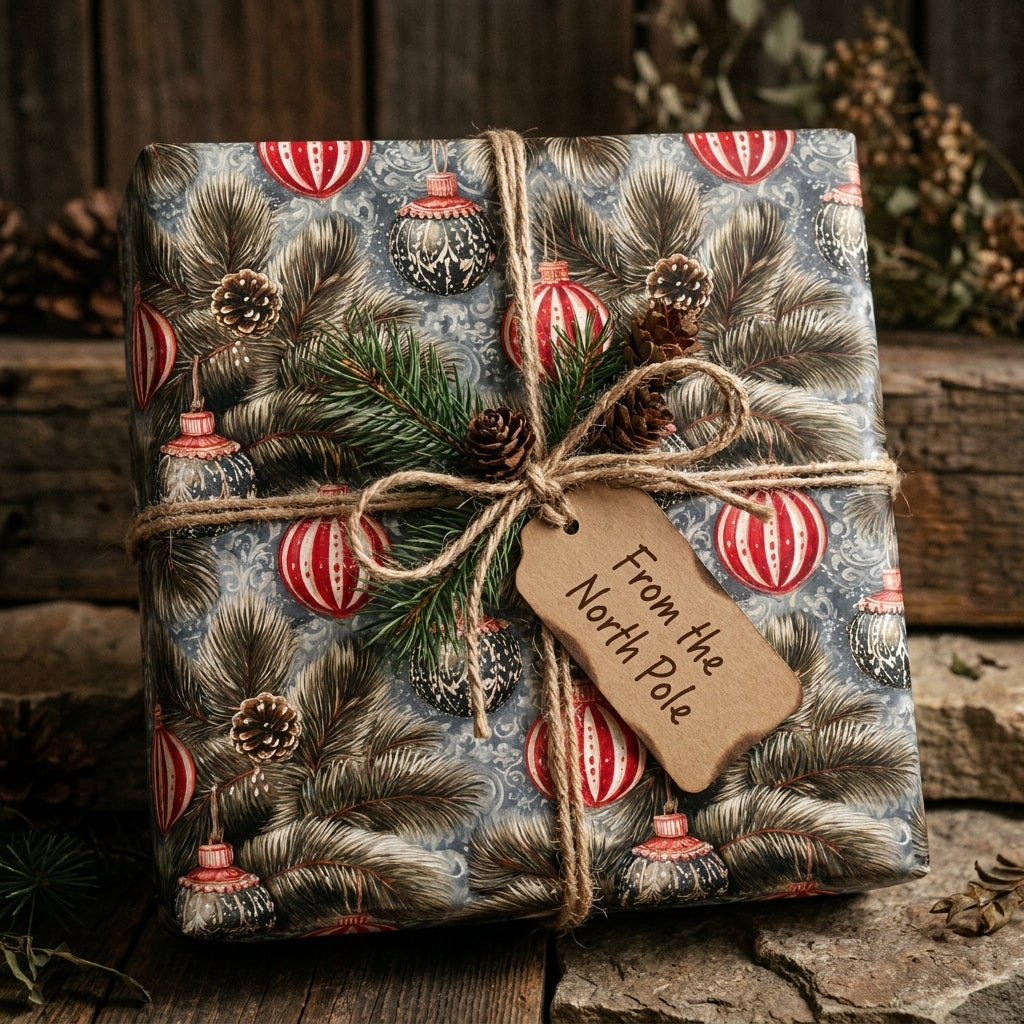 Vintage Christmas wrapping paper with red ornaments, pine branches, and twine bow by Wrapped Studios.