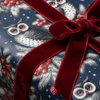 Luxury navy blue owl Christmas wrapping paper with a burgundy velvet bow by Wrapped Studios.