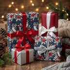 Navy blue owl Christmas wrapping paper on holiday gift boxes with elegant bows by Wrapped Studios.