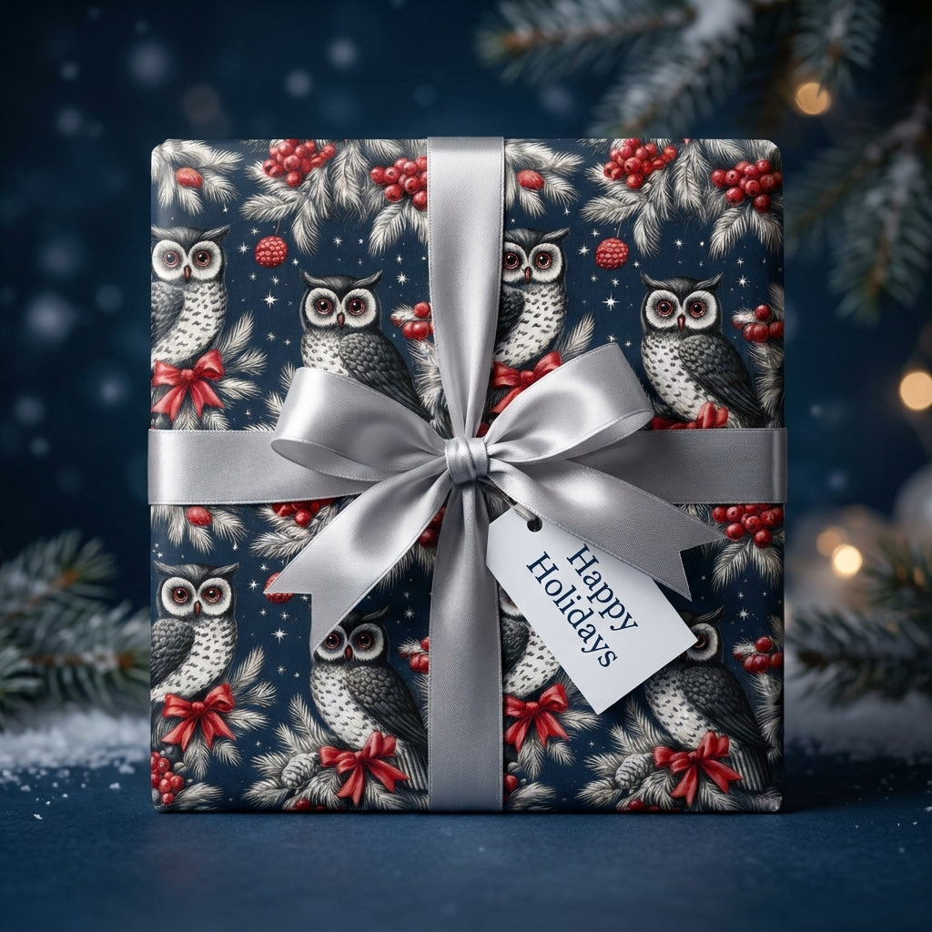 Blue winter owl Christmas wrapping paper with a silver satin bow by Wrapped Studios.