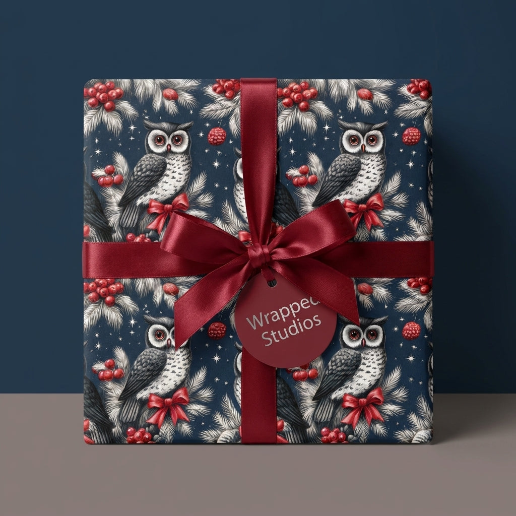 Luxury owl Christmas wrapping paper in navy blue and red, tied with a burgundy bow by Wrapped Studios.