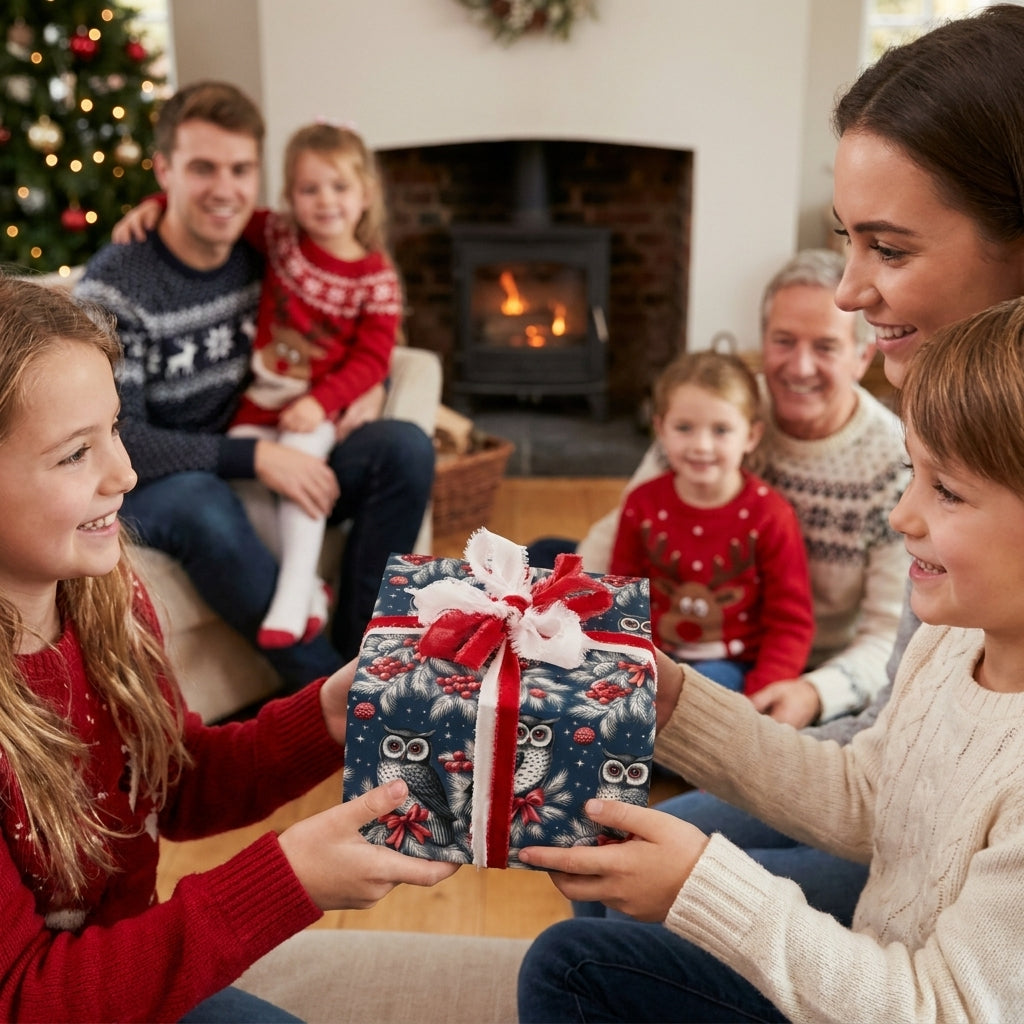 Kids exchanging a gift in blue owl Christmas wrapping paper with a red bow, by Wrapped Studios.