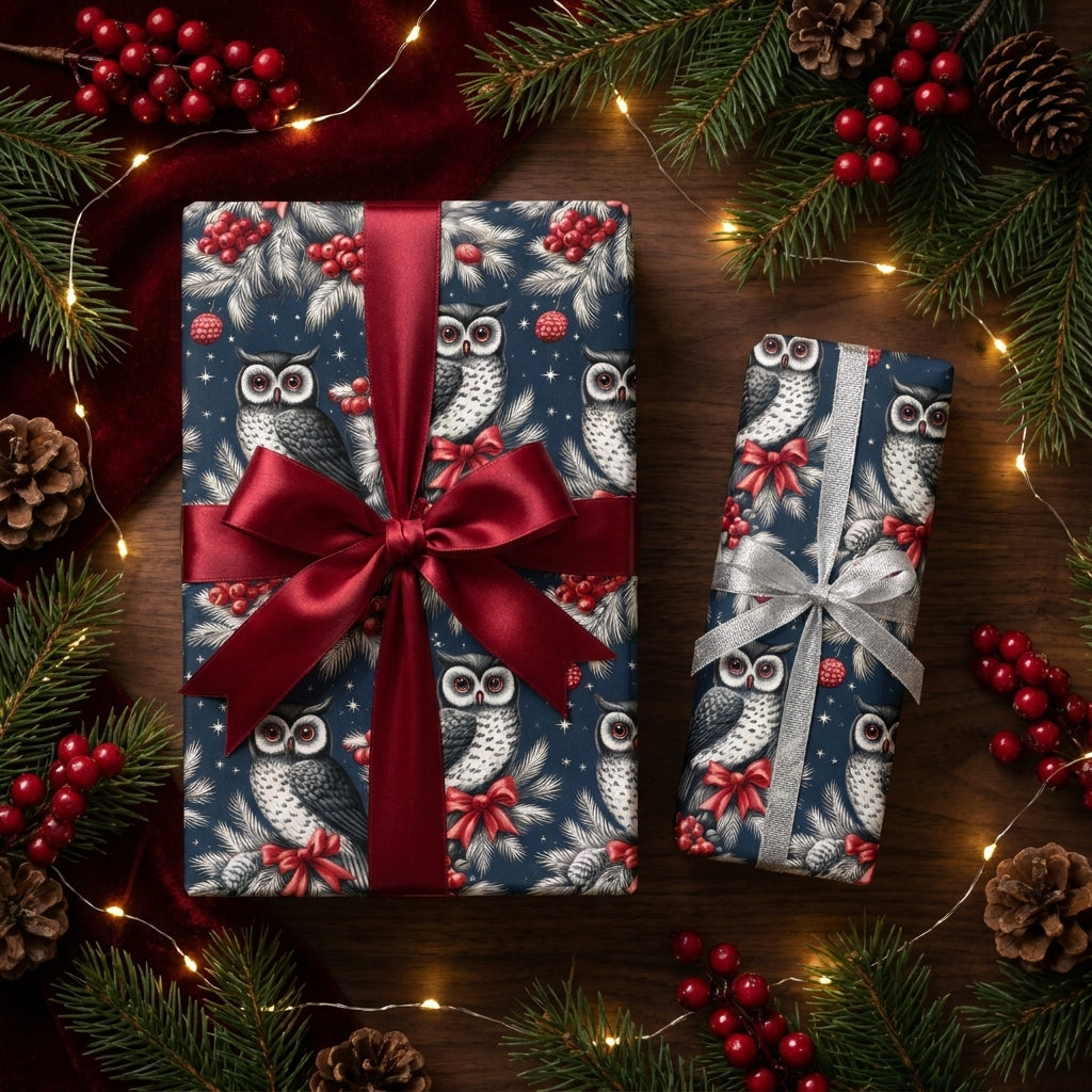 Christmas owl wrapping paper by Wrapped Studios on holiday gifts with luxury red and silver ribbons.