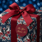 Navy winter owl Christmas wrapping paper with red ribbon and gift tag by Wrapped Studios.