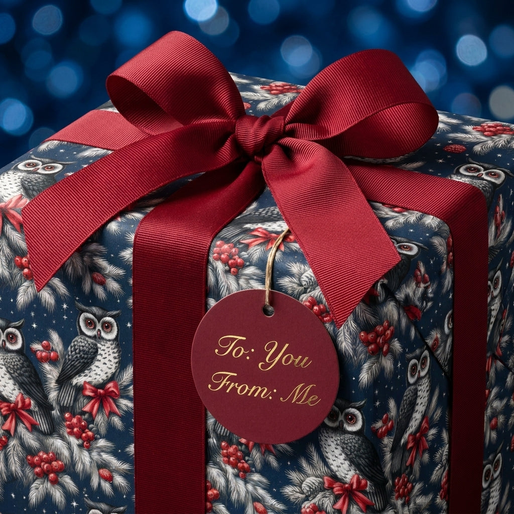 Navy winter owl Christmas wrapping paper with red ribbon and gift tag by Wrapped Studios.