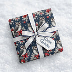 Winter owl Christmas wrapping paper with white ribbon, holiday gift wrap in snow by Wrapped Studios.