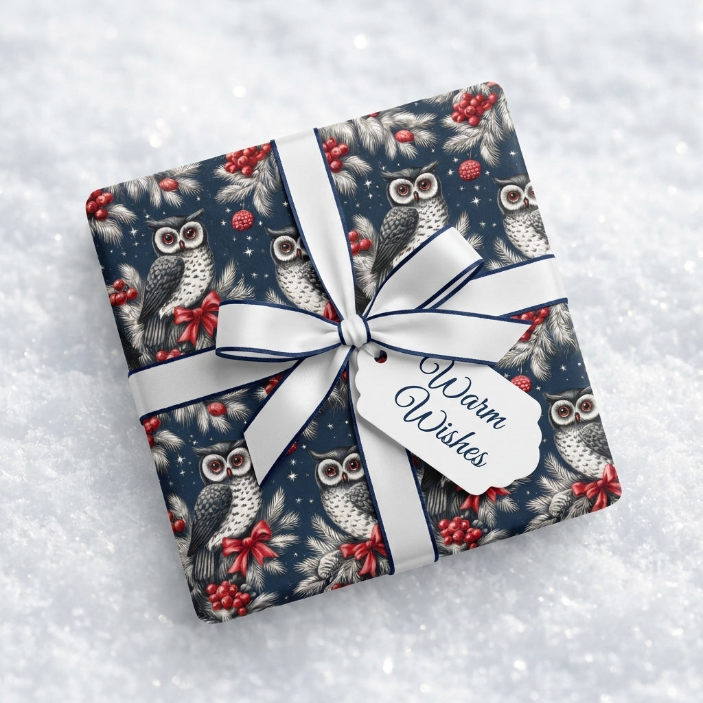 Winter owl Christmas wrapping paper with white ribbon, holiday gift wrap in snow by Wrapped Studios.