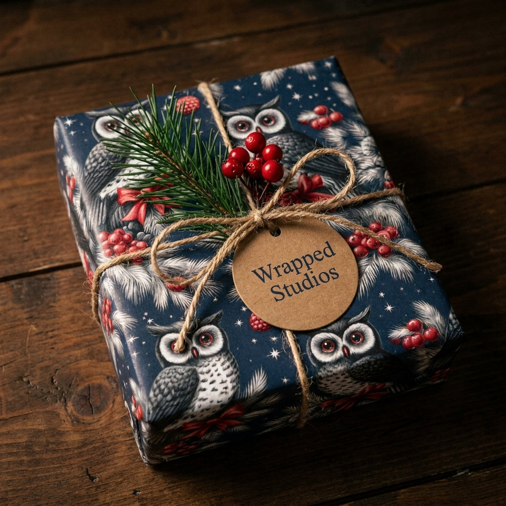 Woodland owl Christmas wrapping paper with a rustic twine bow on a gift box by Wrapped Studios.