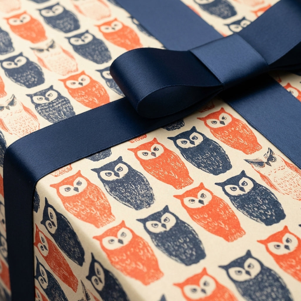 Whimsical owl wrapping paper in navy and orange with a satin ribbon on a gift box by Wrapped Studios.