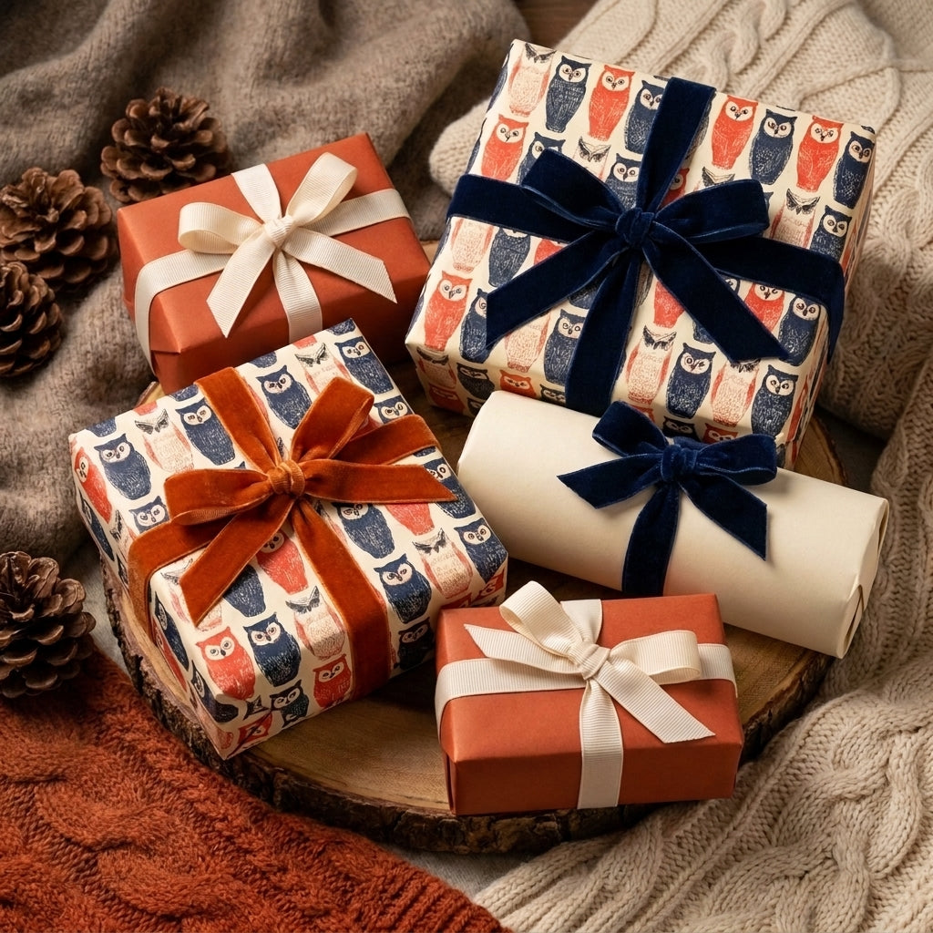 Woodland owl wrapping paper with velvet ribbons on cozy rustic holiday gifts by Wrapped Studios.