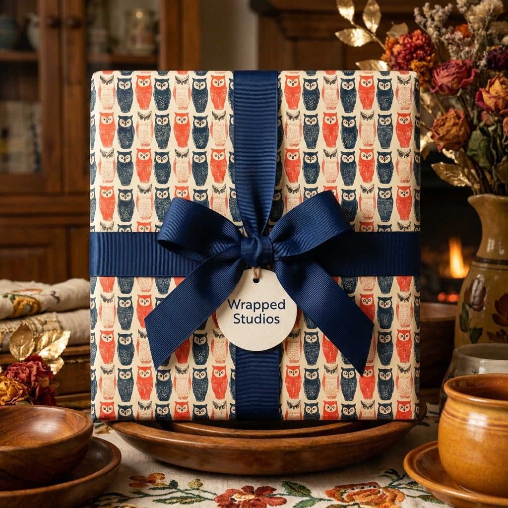 Cute owl wrapping paper with a navy blue ribbon on a rustic gift box by Wrapped Studios.