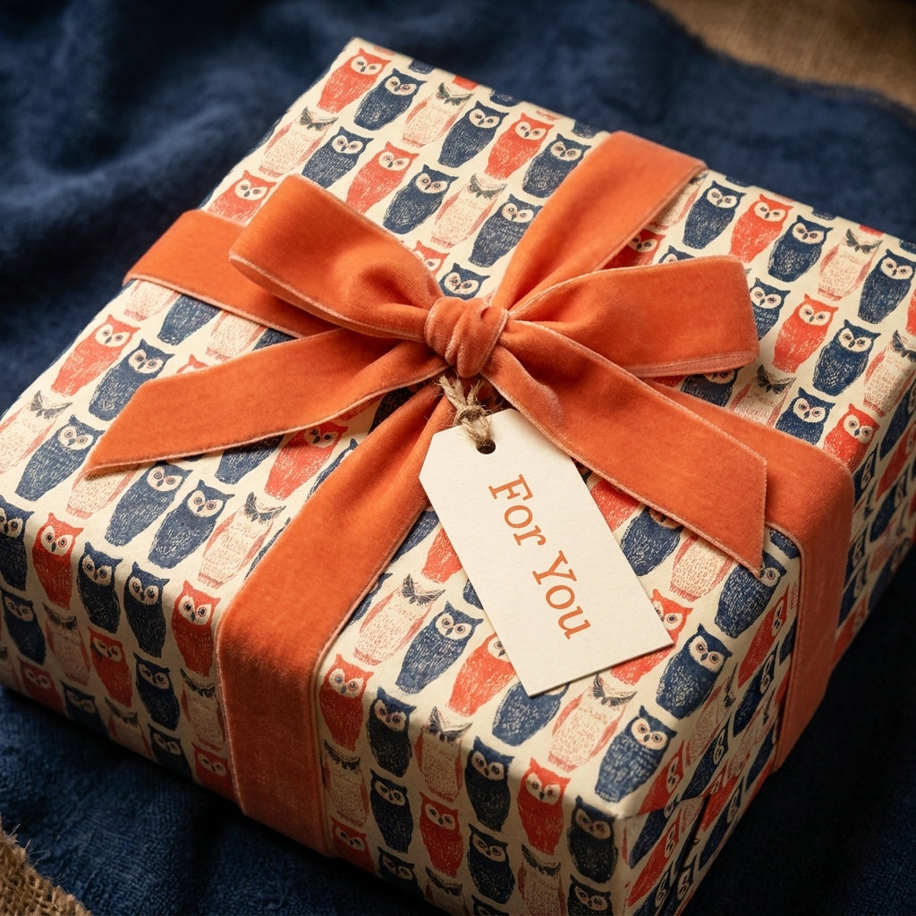 Whimsical owl wrapping paper with an orange velvet bow on a gift box by Wrapped Studios.