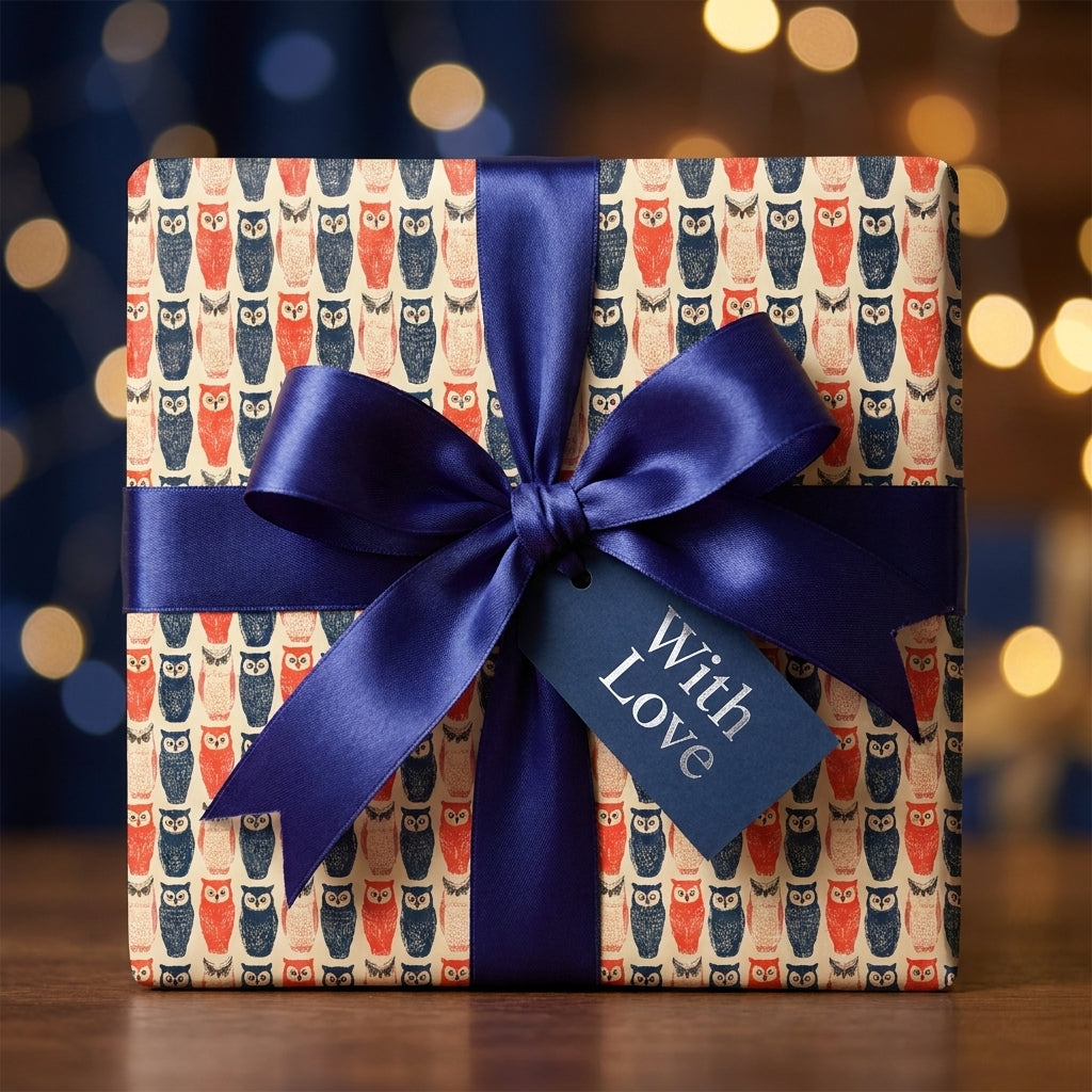 Whimsical owl wrapping paper with a navy satin bow and 'With Love' tag by Wrapped Studios.