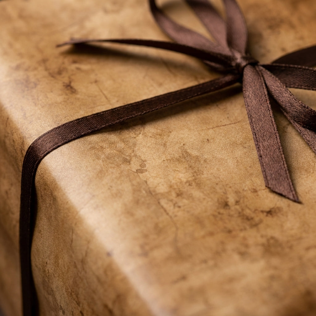 Vintage wrapping paper with a rustic brown parchment texture and satin ribbon by Wrapped Studios.