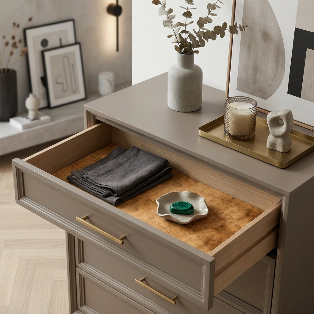 Burl wood drawer liner paper in a modern dresser. Luxury contact paper by Wrapped Studios.