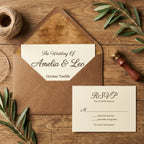 Rustic elegant wedding invitation suite with kraft envelope and RSVP card on wood by Wrapped Studios.