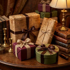 Rustic vintage wrapping paper and elegant holiday gift wrap with satin ribbons by Wrapped Studios.