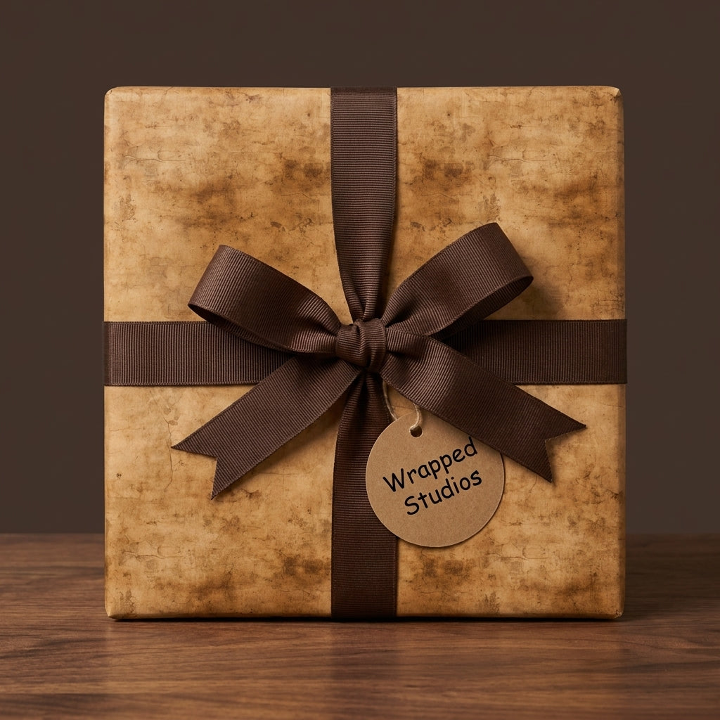 Rustic vintage wrapping paper on a square gift box with a brown ribbon bow, by Wrapped Studios.
