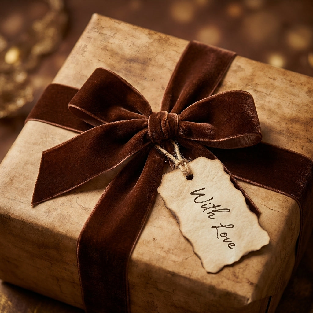 Rustic vintage wrapping paper with a brown velvet ribbon and "With Love" gift tag by Wrapped Studios.
