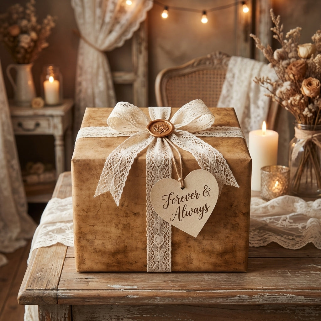 Rustic vintage wedding wrapping paper with white lace bow and heart tag by Wrapped Studios.