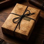 Rustic vintage wrapping paper on a gift tied with a black leather cord and handmade tag by Wrapped Studios.