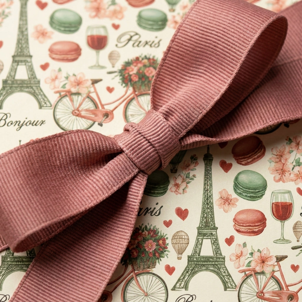 Vintage Paris wrapping paper featuring Eiffel Tower pattern and dusty rose ribbon bow by Wrapped Studios.