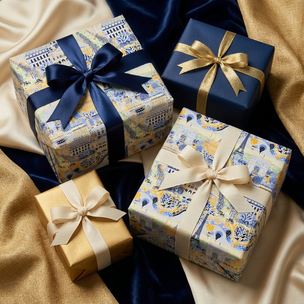 Luxury Parisian wrapping paper in navy and gold with satin bows by Wrapped Studios.