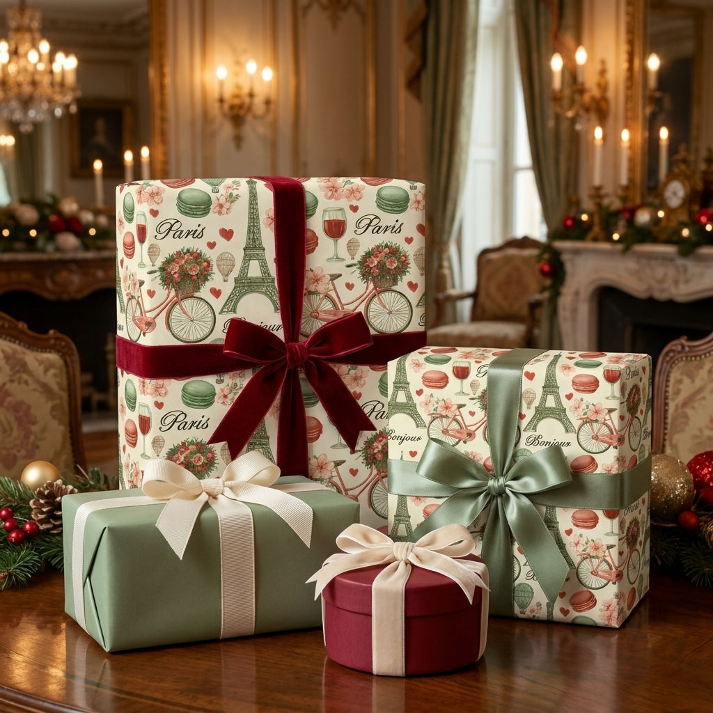 Vintage Paris wrapping paper with Eiffel Tower on elegant gift boxes by Wrapped Studios.