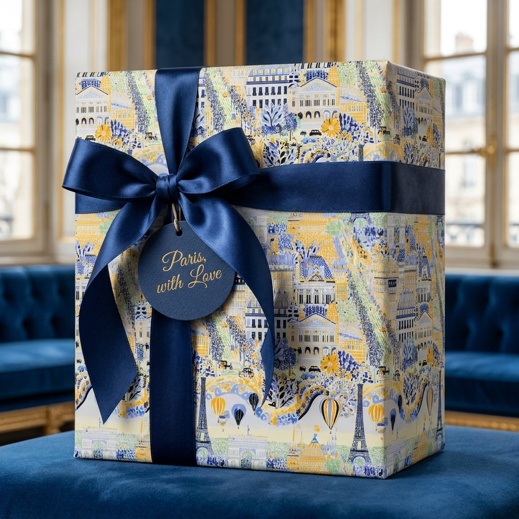 Parisian luxury gift wrap featuring Eiffel Tower pattern and navy blue ribbon by Wrapped Studios.