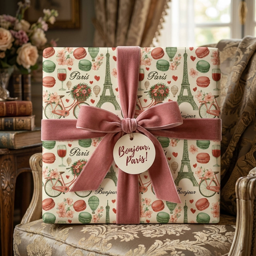 Vintage Paris wrapping paper with Eiffel Tower pattern and pink velvet bow by Wrapped Studios.