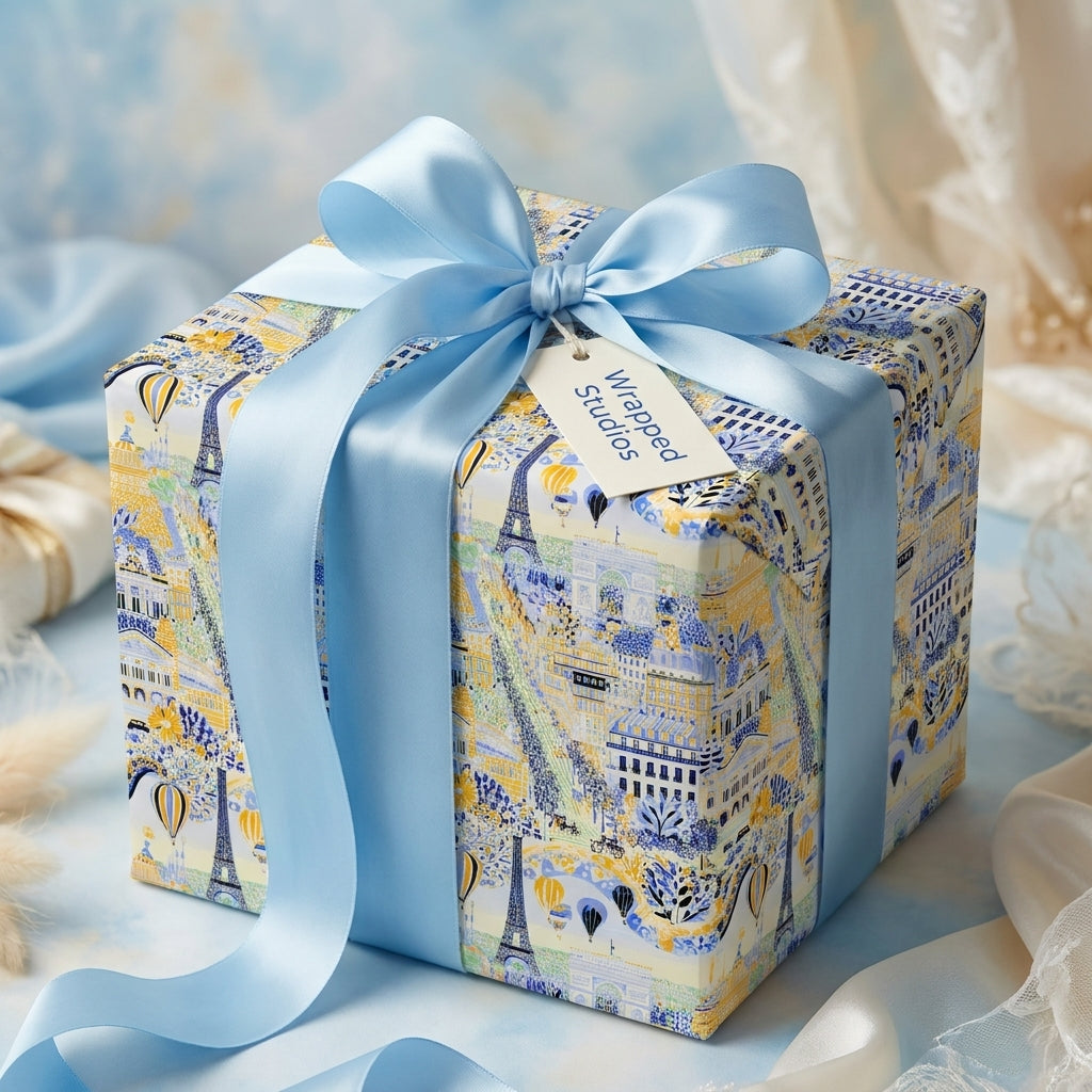 Paris themed luxury gift wrap in blue and yellow with a satin bow on a gift box, by Wrapped Studios.