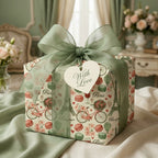 Romantic Paris wrapping paper with a sage green bow and "With Love" tag by Wrapped Studios.