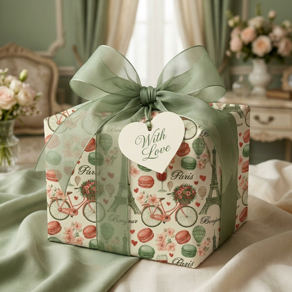 Romantic Paris wrapping paper with a sage green bow and "With Love" tag by Wrapped Studios.