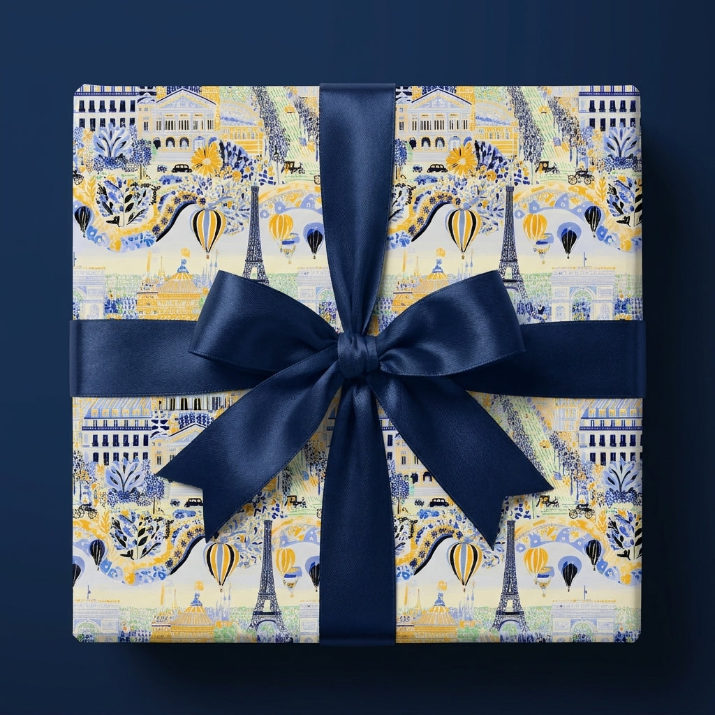 Luxury Paris gift wrap with Eiffel Tower pattern and navy satin bow by Wrapped Studios.