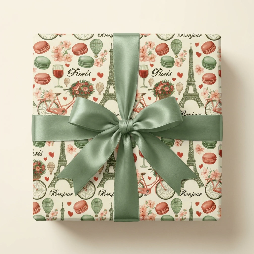 Parisian vintage gift wrap with Eiffel Tower and macarons by Wrapped Studios, tied with a sage green bow.