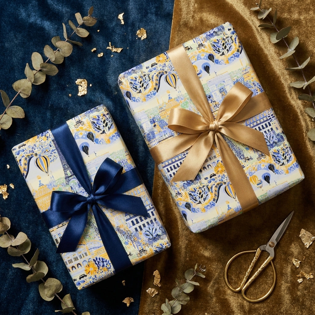 Luxury Paris wrapping paper with gold and navy satin bows by Wrapped Studios.