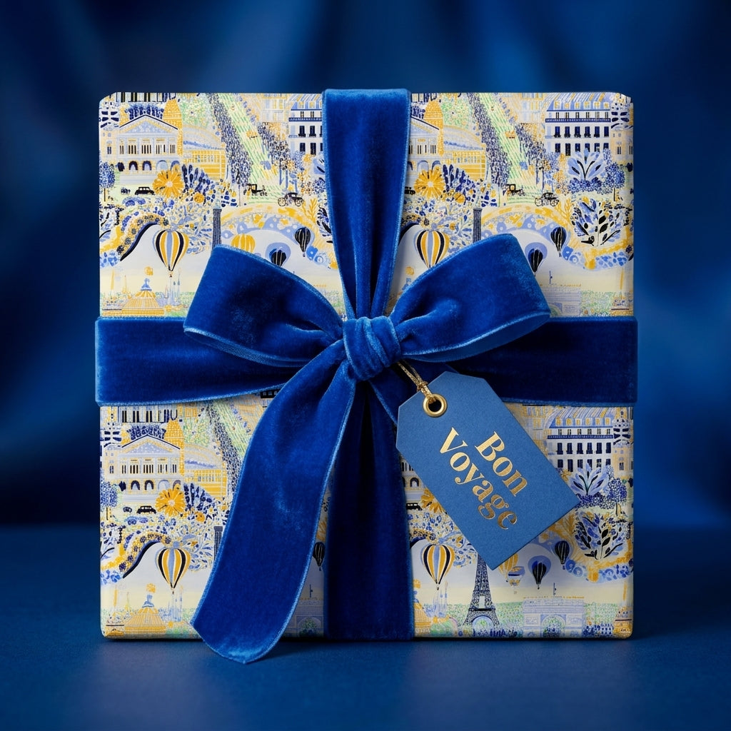 Luxury Paris travel gift wrap with blue velvet ribbon and Bon Voyage tag by Wrapped Studios.
