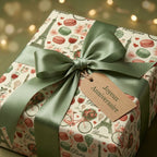 Paris birthday wrapping paper with sage green satin bow and Eiffel Tower pattern by Wrapped Studios.