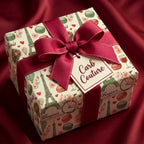 Parisian luxury gift wrap with Eiffel Tower pattern and a burgundy ribbon, by Wrapped Studios.