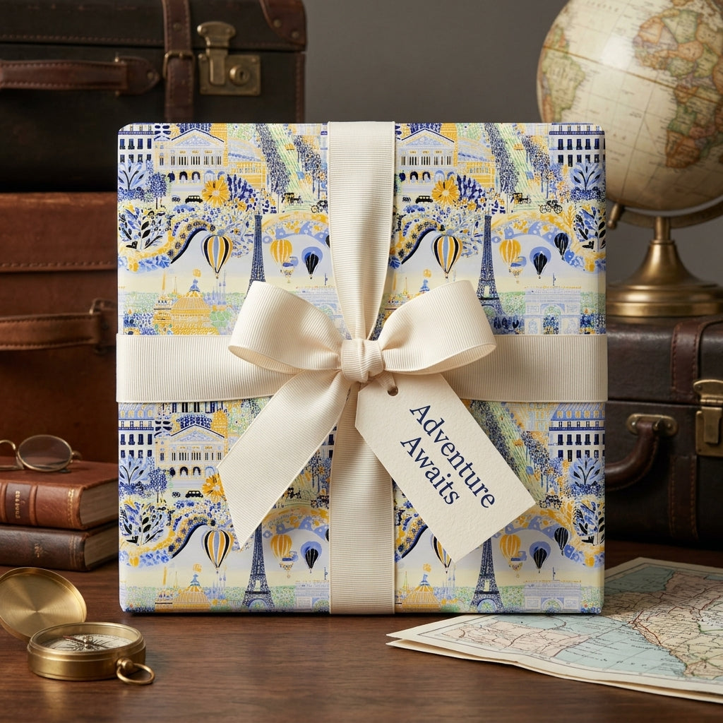 Paris travel wrapping paper with cream ribbon and "Adventure Awaits" tag by Wrapped Studios.