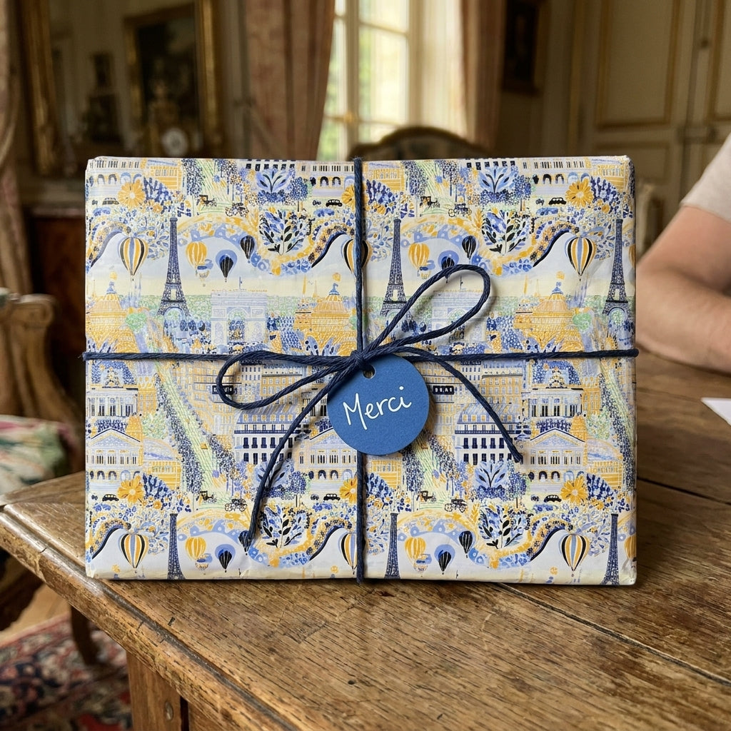 Paris wrapping paper with Eiffel Tower pattern, navy twine, and Merci tag by Wrapped Studios.