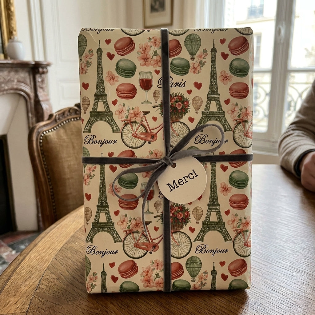 Paris wrapping paper with Eiffel Towers, tied with gray velvet ribbon and Merci tag by Wrapped Studios.
