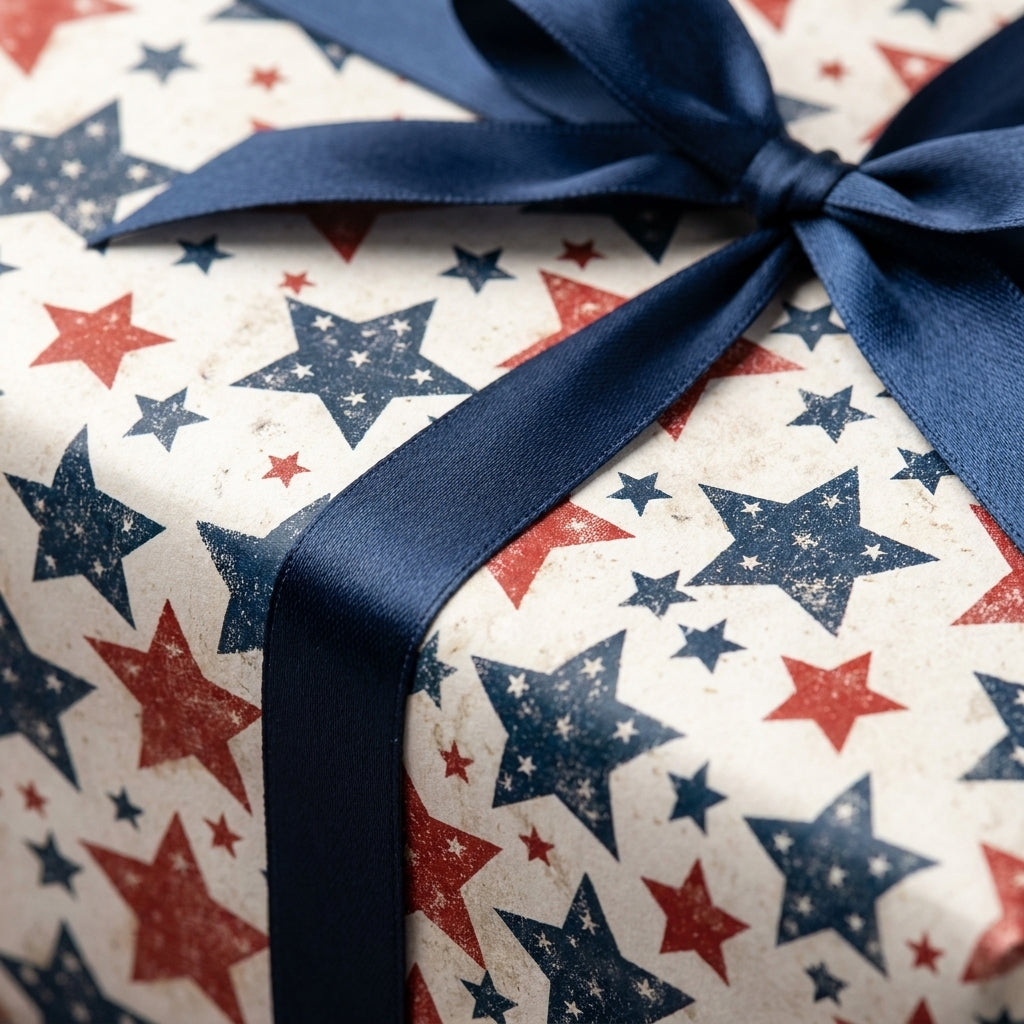 Patriotic star wrapping paper with a navy blue ribbon on a gift box by Wrapped Studios.
