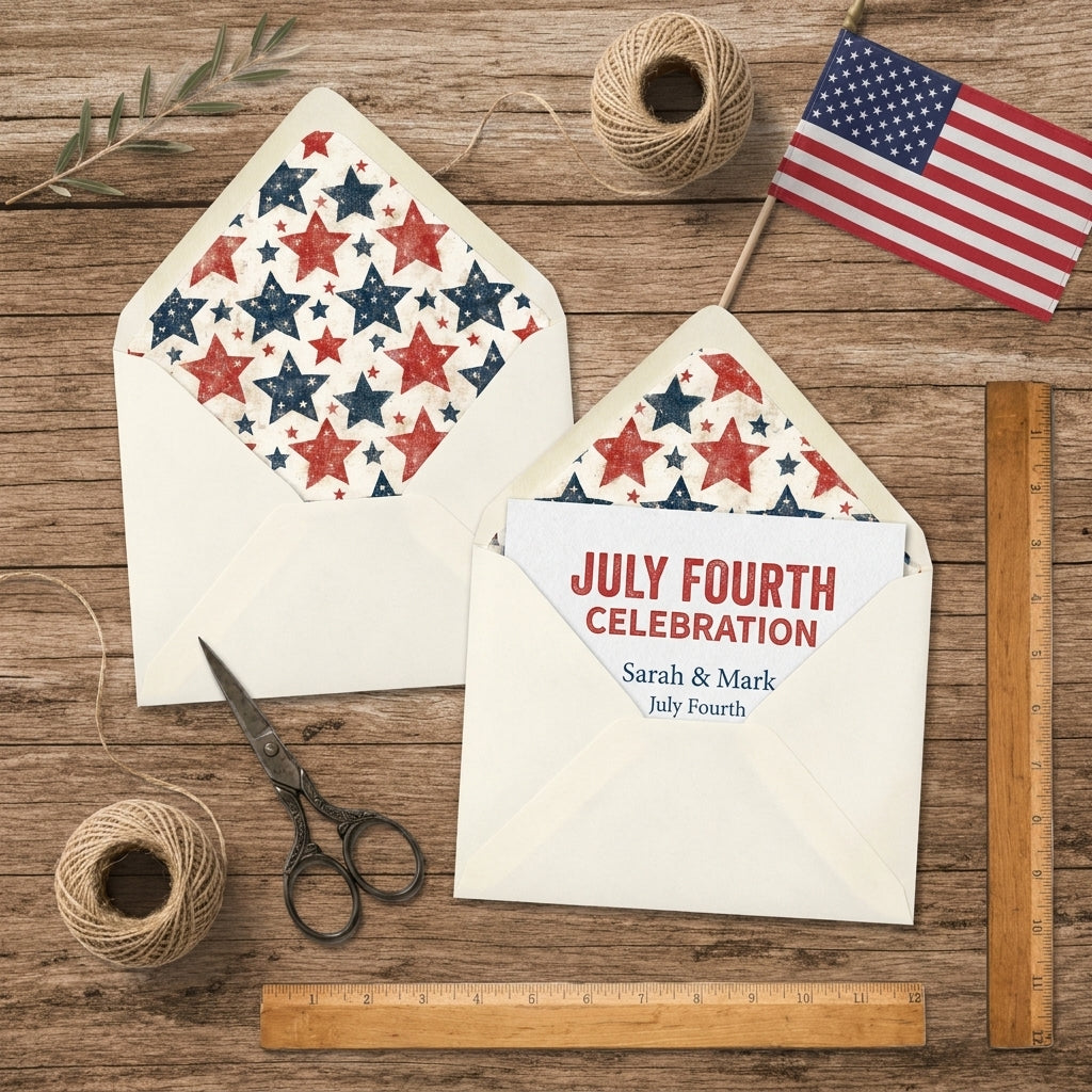 Patriotic 4th of July star envelope liners and invitations on rustic wood by Wrapped Studios.