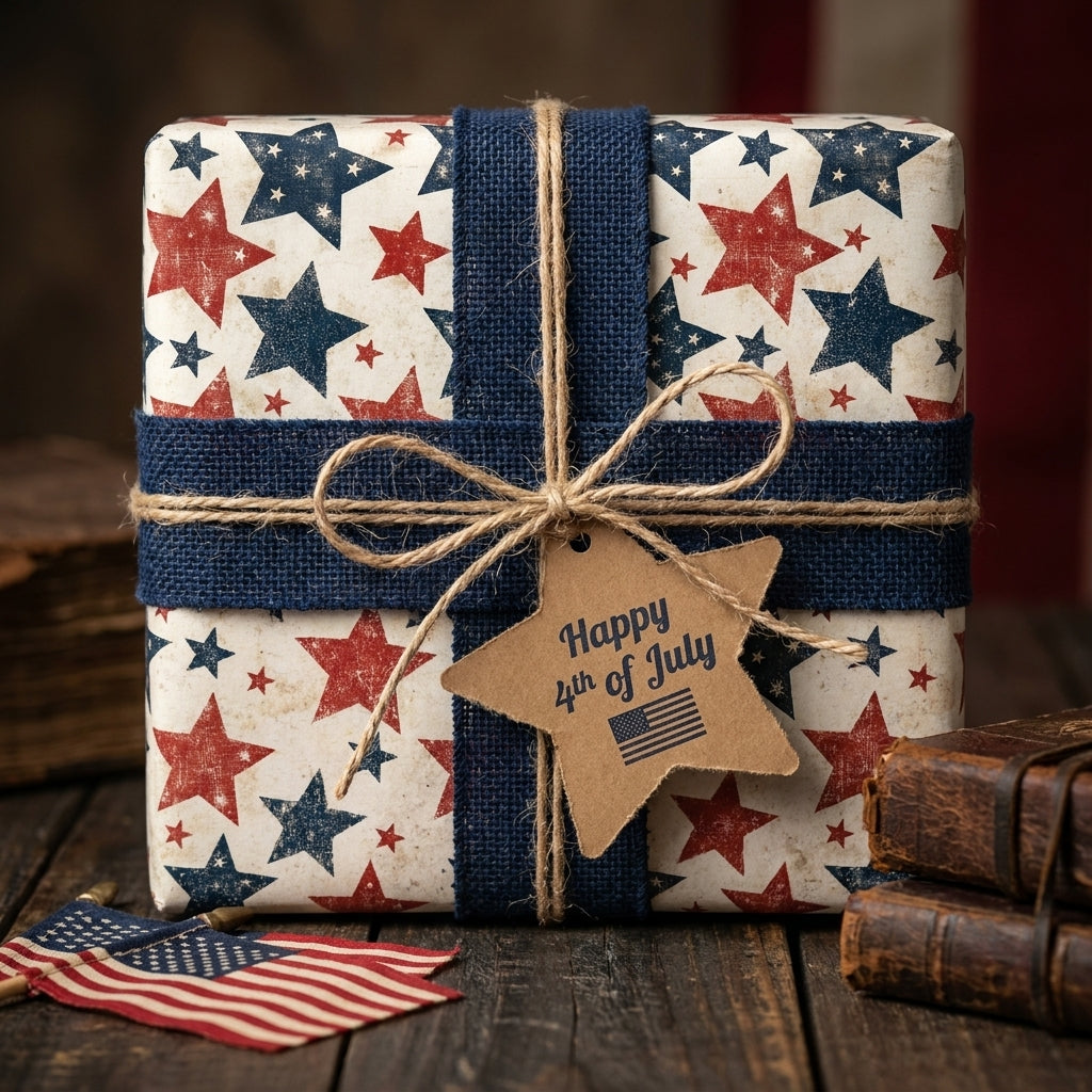 Patriotic wrapping paper with red and blue stars, burlap ribbon, and a 4th of July tag by Wrapped Studios.