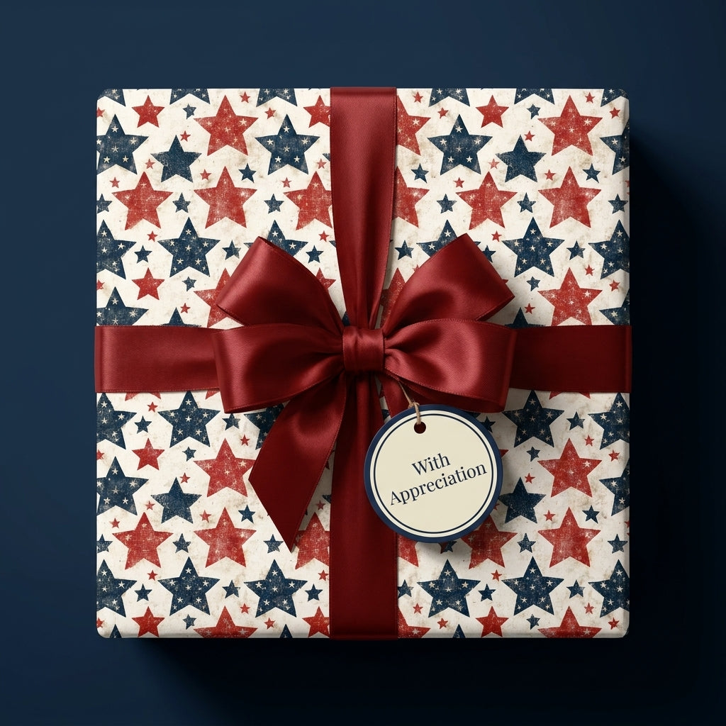 Patriotic star wrapping paper with a red satin bow and gift tag by Wrapped Studios.