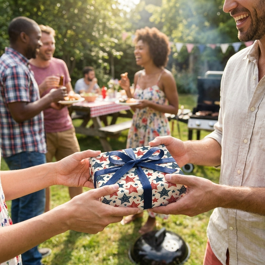Patriotic wrapping paper with red and blue stars on a gift passed at a backyard party by Wrapped Studios.
