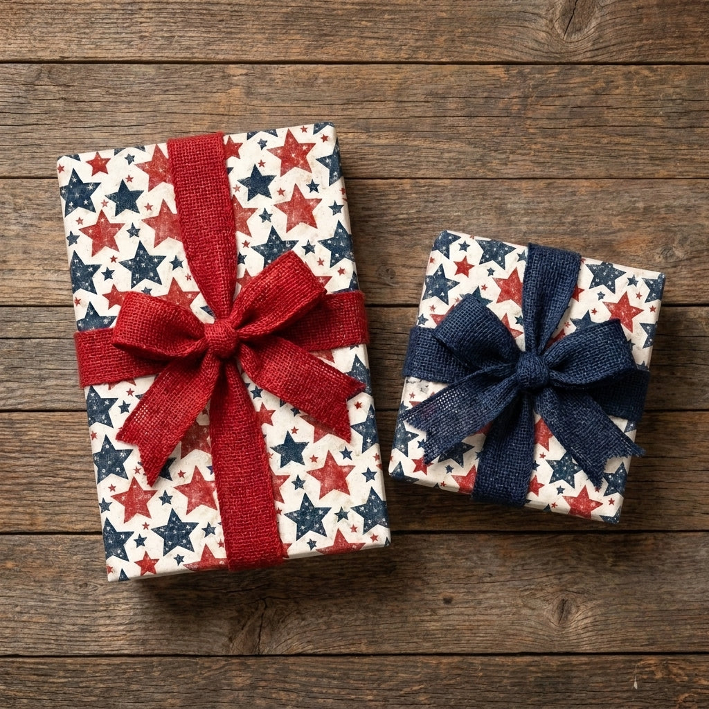Patriotic wrapping paper with red and blue stars and rustic burlap bows on wood by Wrapped Studios.
