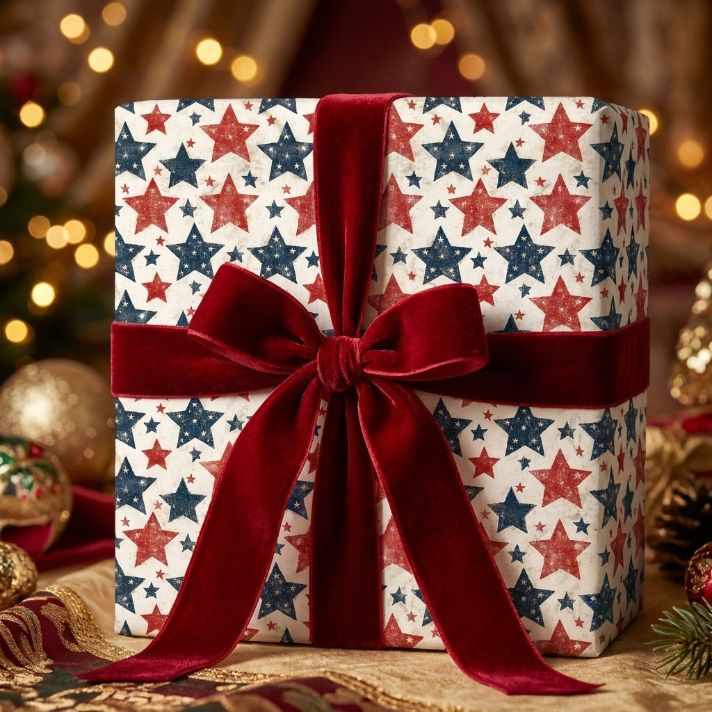 Vintage red and blue star holiday wrapping paper with a luxury red velvet ribbon by Wrapped Studios.