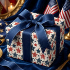 Patriotic star wrapping paper with blue ribbon for 4th of July by Wrapped Studios.